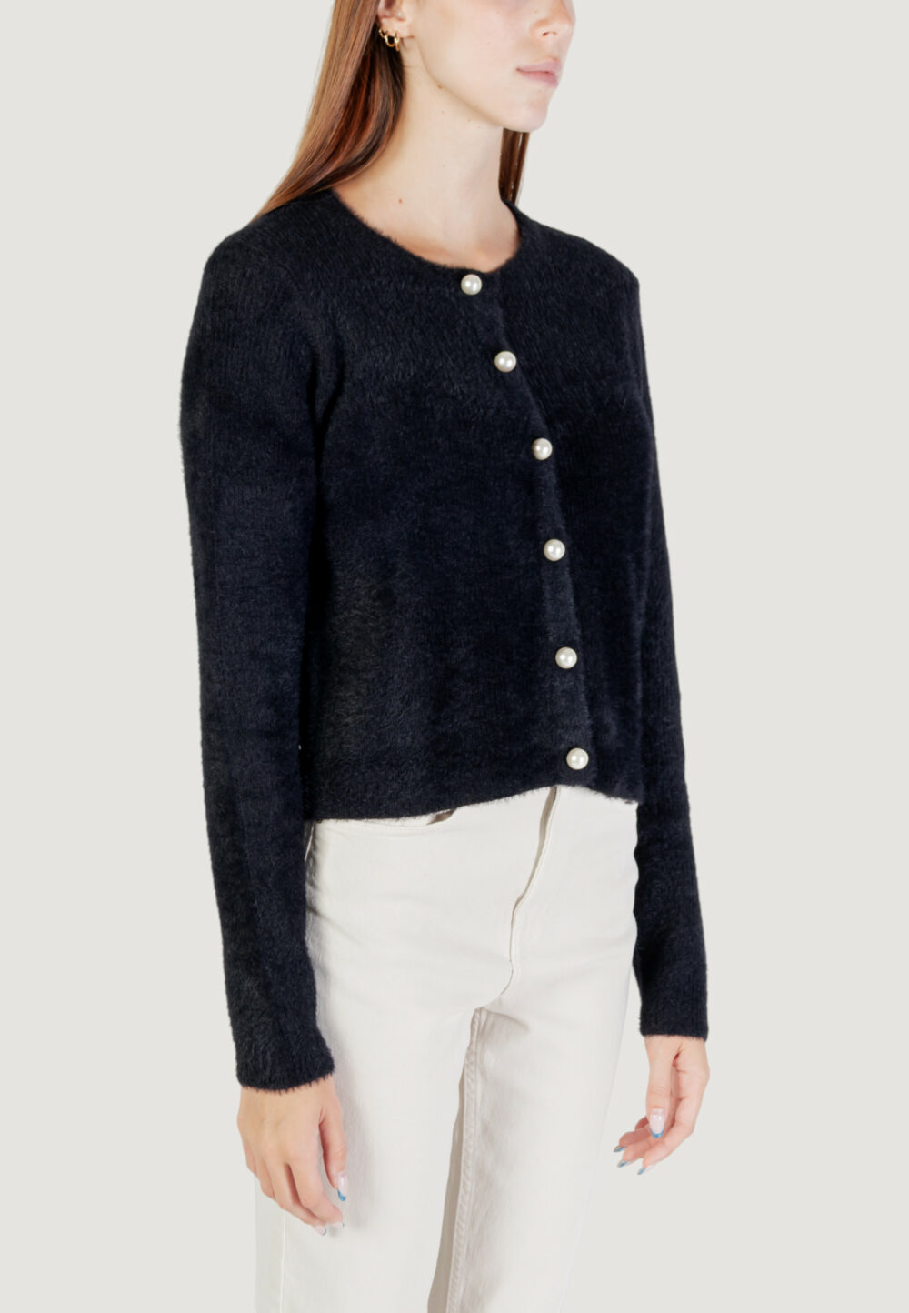 Cardigan Only ONLPETRA LS PEARL O-NECK CARDI CC KNT Nero - Foto 3