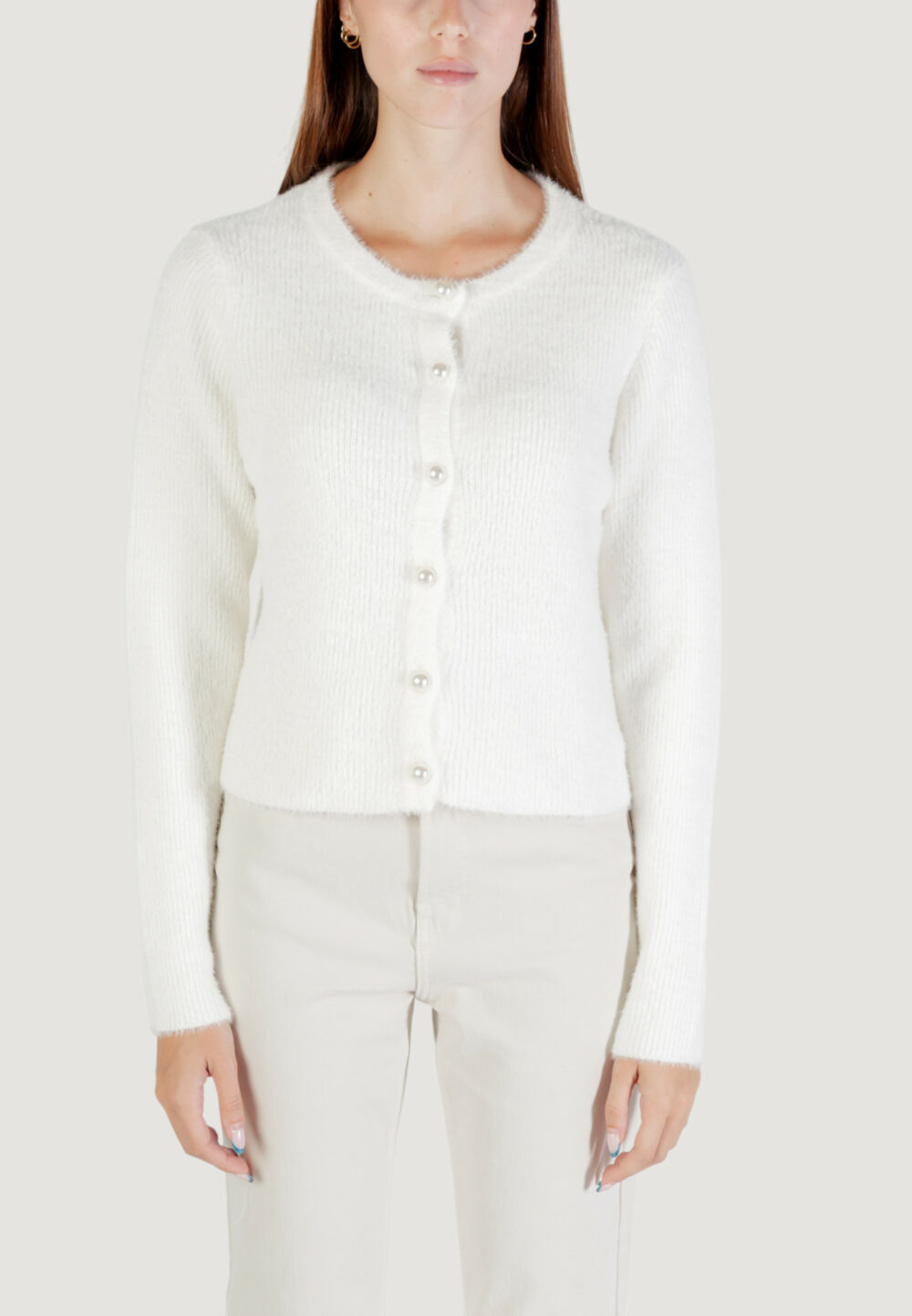 Cardigan Only ONLPETRA LS PEARL O-NECK CARDI CC KNT Panna - Foto 5